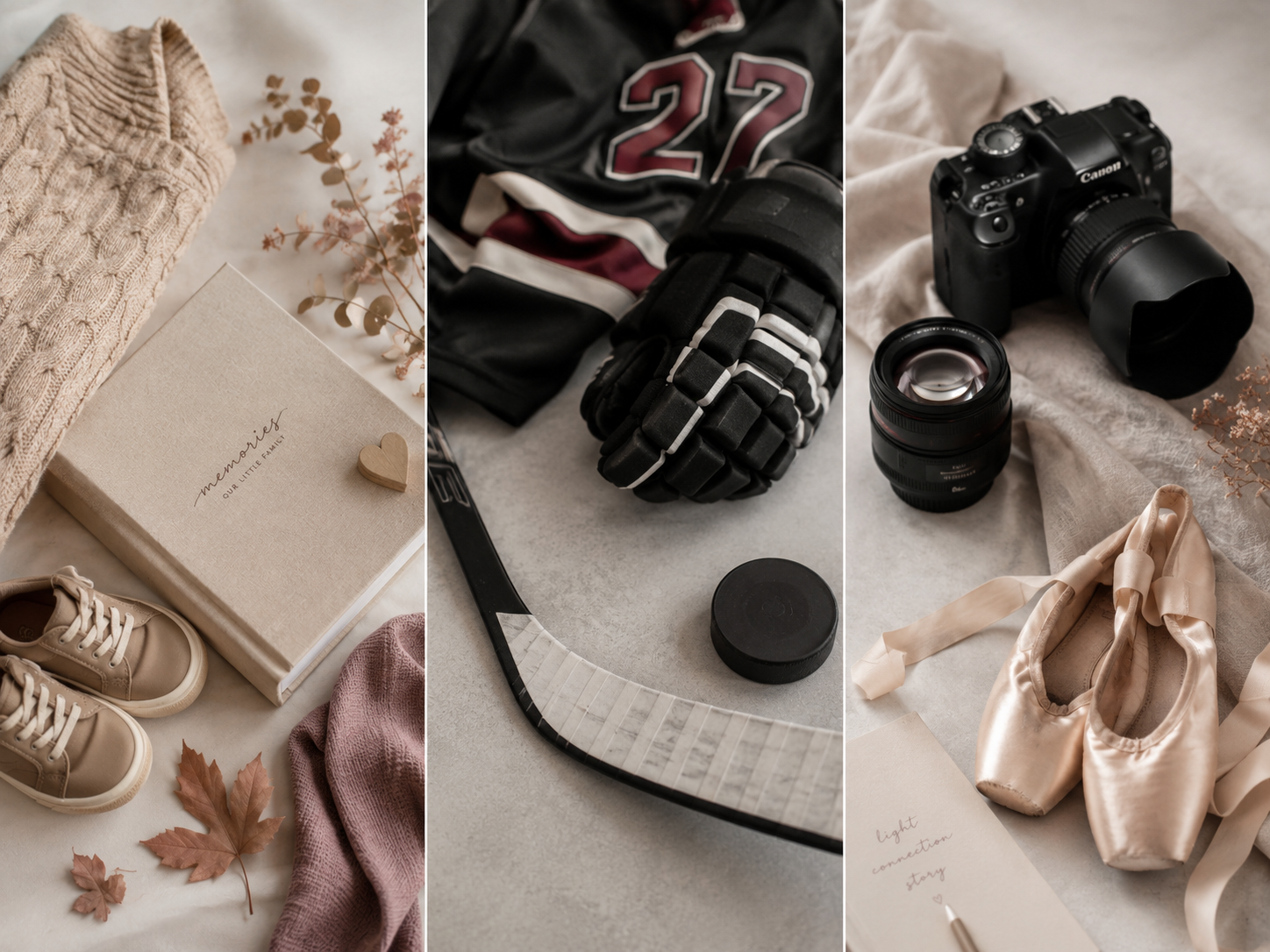 Elegant flatlay triptych showing a family memory book, hockey gear and a camera with ballet pointe shoes