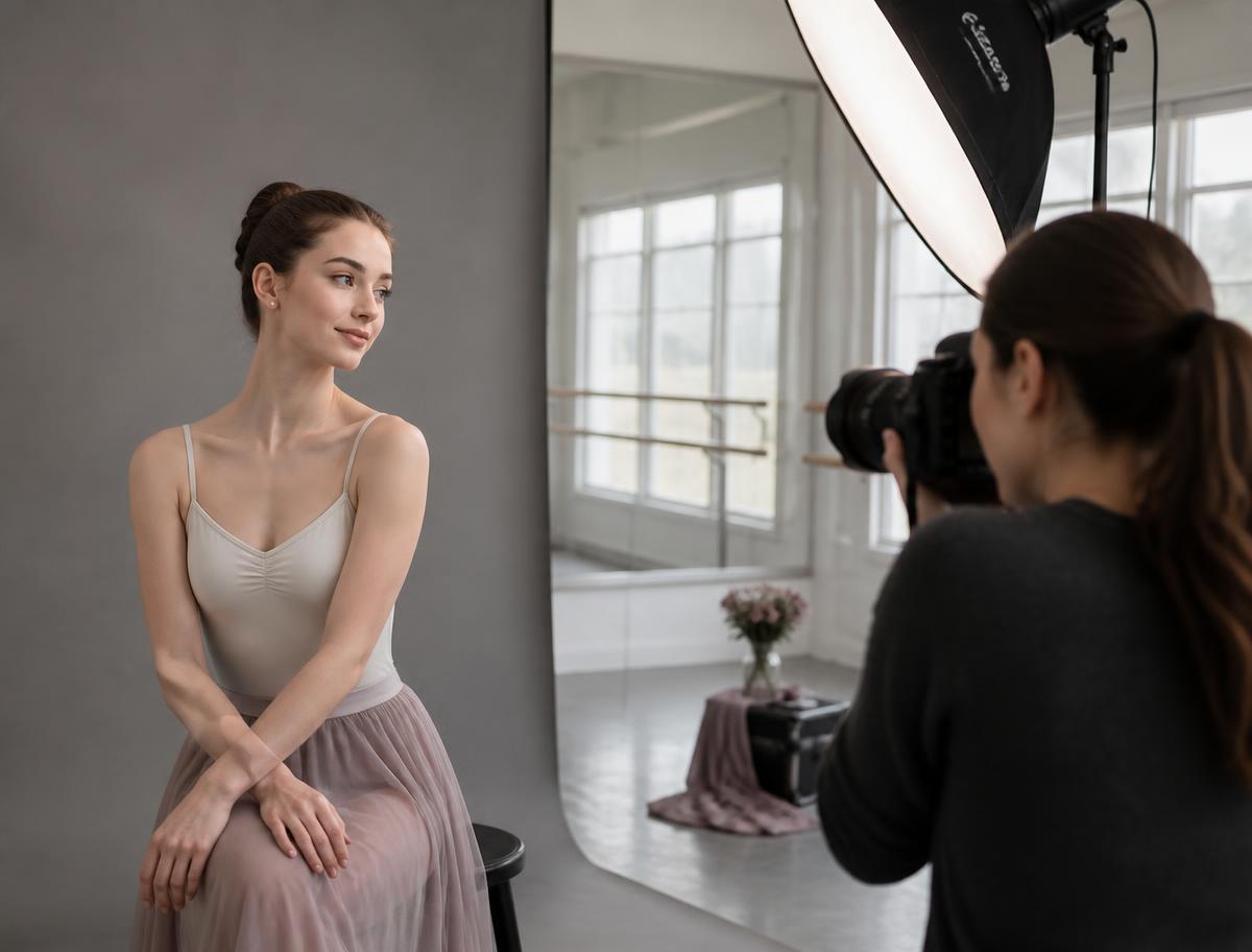 Rebecca photographing a dancer for professional headshots in a studio